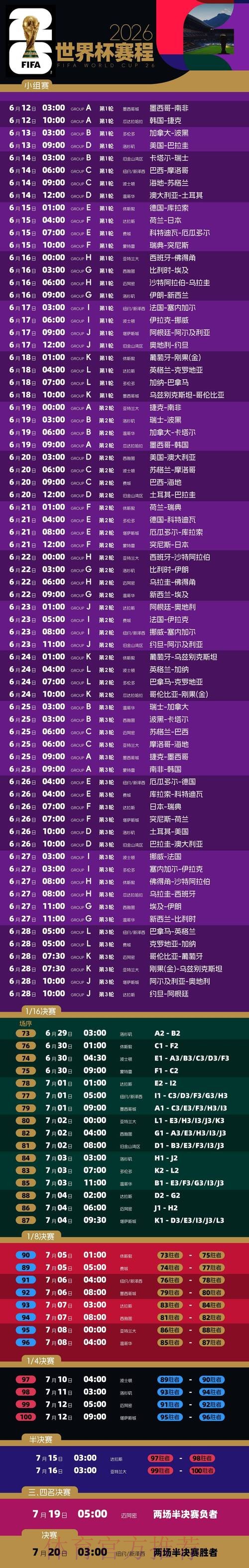 2026世界杯每日赛程今日比赛时间表实时查看